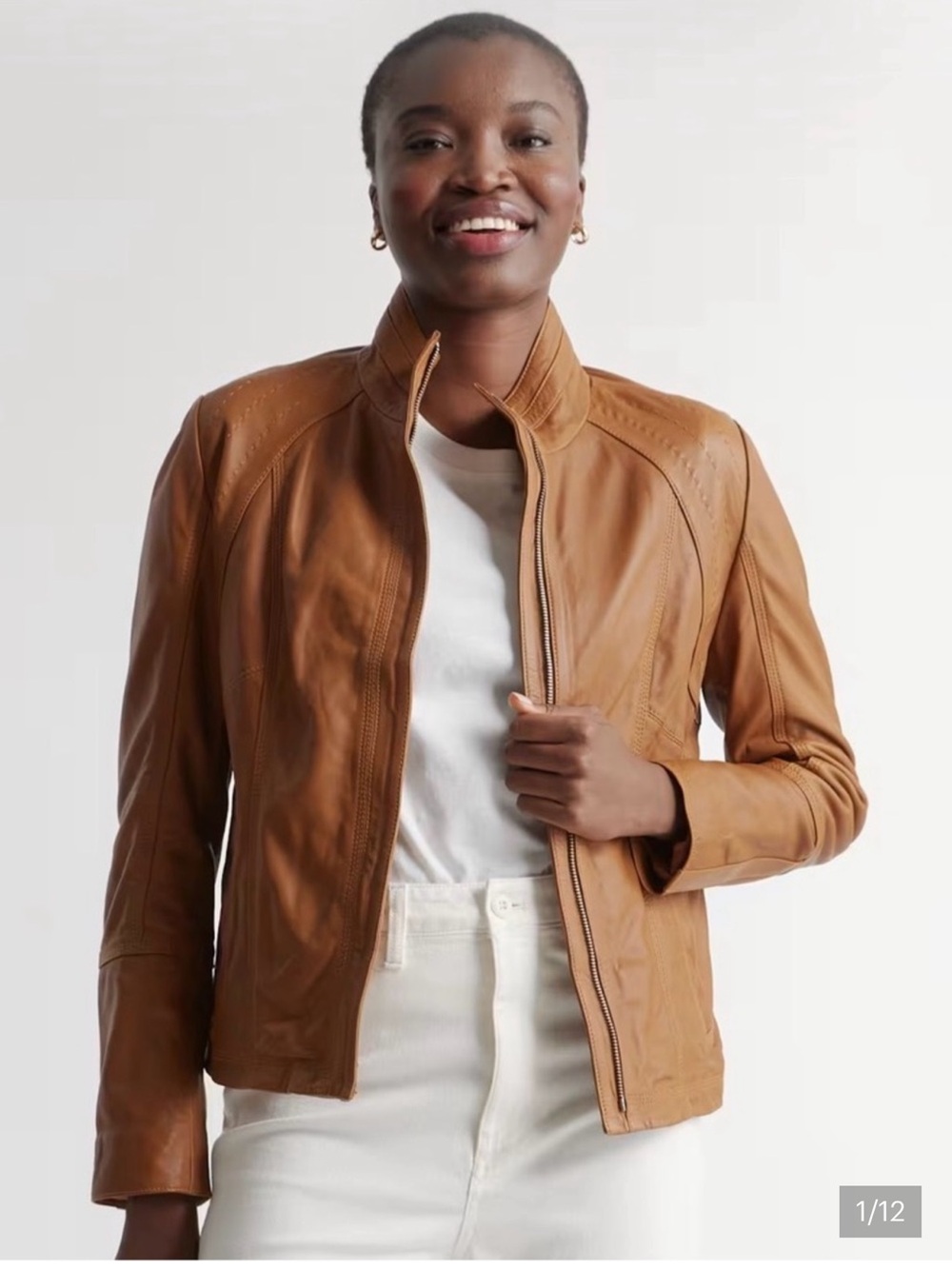 Quince Women Cognac 100% Sheep Leather Stand Collar Front Zip Moto Jacket Size L